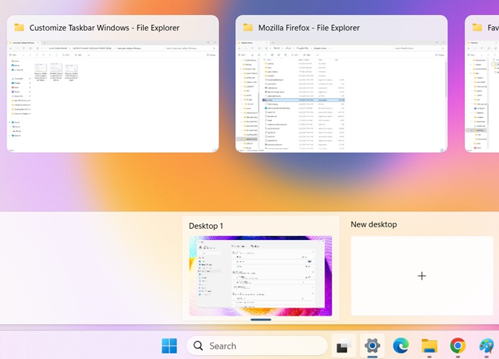 Scrolling through multiple open windows in Task View option on the taskbar.