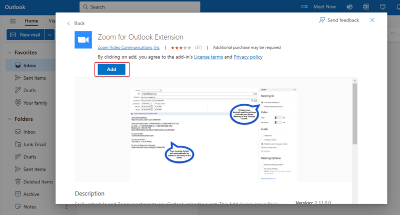 Installation of the Zoom for Outlook add-in from the Microsoft store.