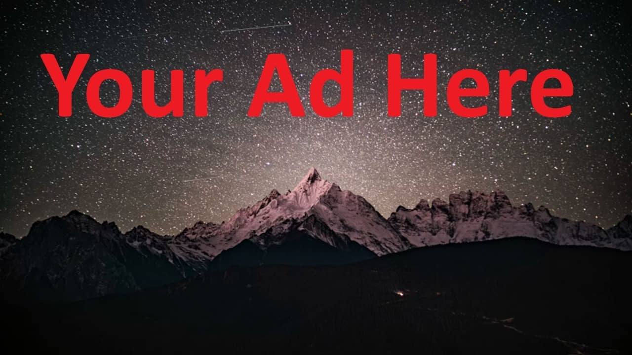 Starry night sky over mountains with an Your ad here text.