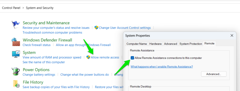 Allowing Remote Assistance in system properties