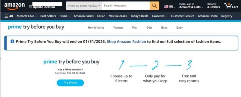 Amazon Prime Try Before You Buy page announcing program end.
