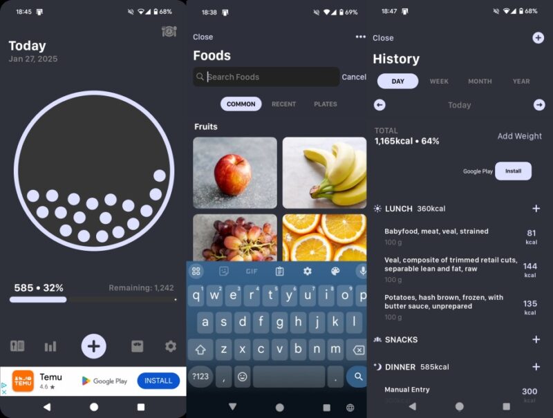 Calory app interface overview. 