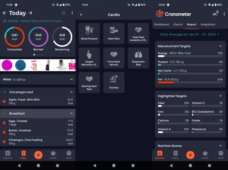 Cronometer app interface overview. 