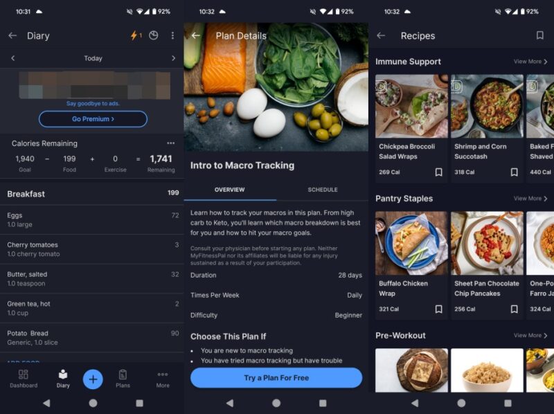 MyFitnessPal app interface overview. 