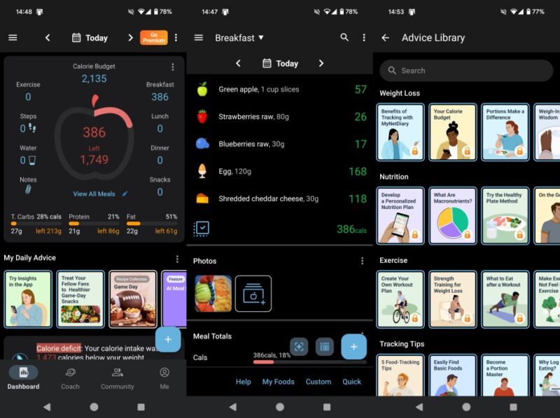 MyNetDiary app interface overview. 