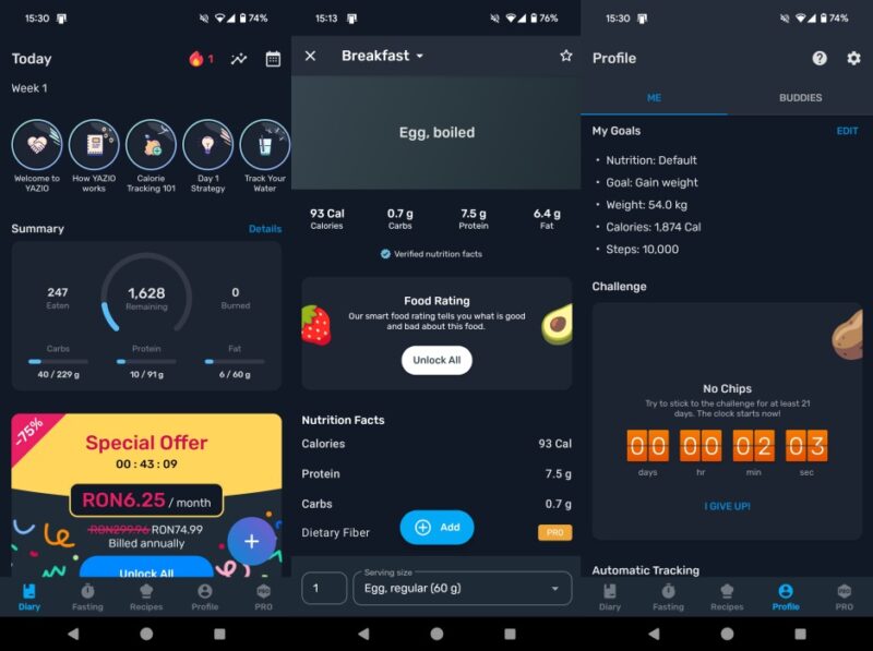 Yazio app interface overview. 