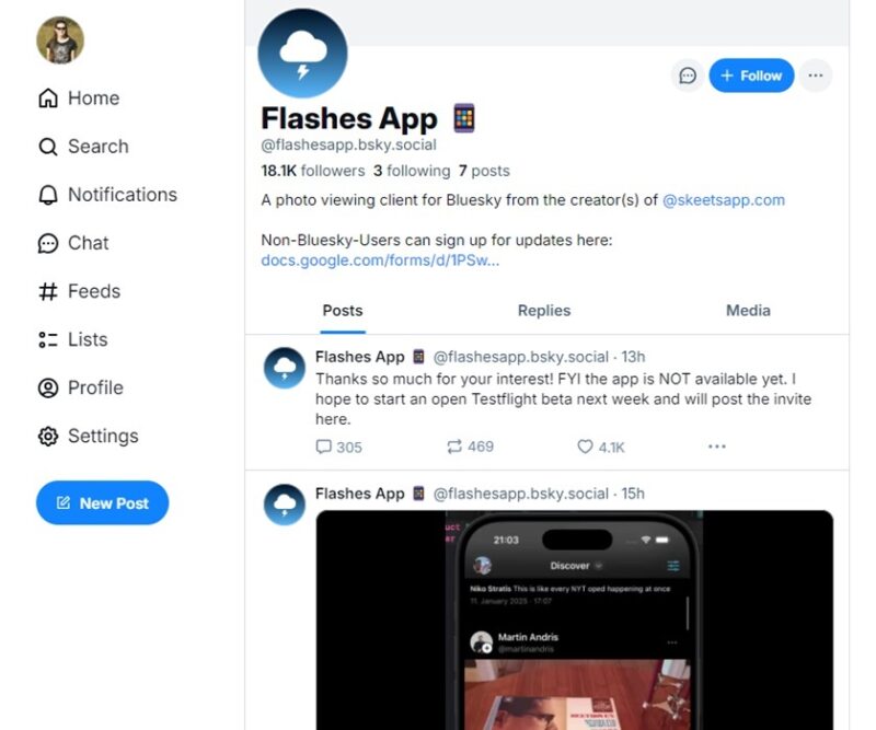 Flashes App profile on Bluesky