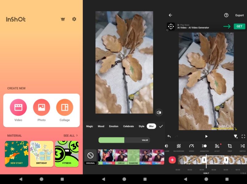 InShot app interface overview.