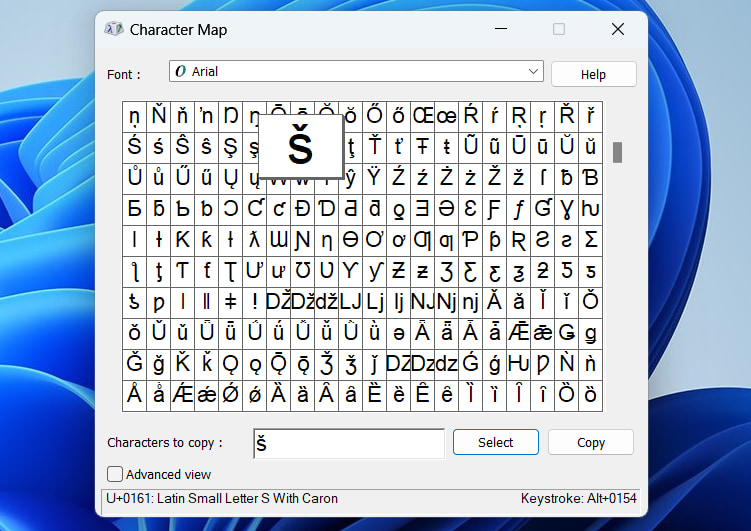 Character Map tool in Windows 11 main interface