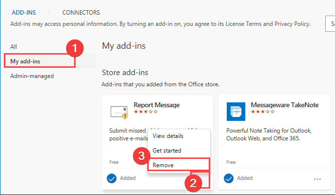 Click remove add-in in Outlook New