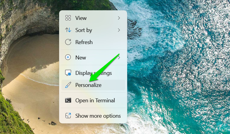 Personalize option in Windows context menu