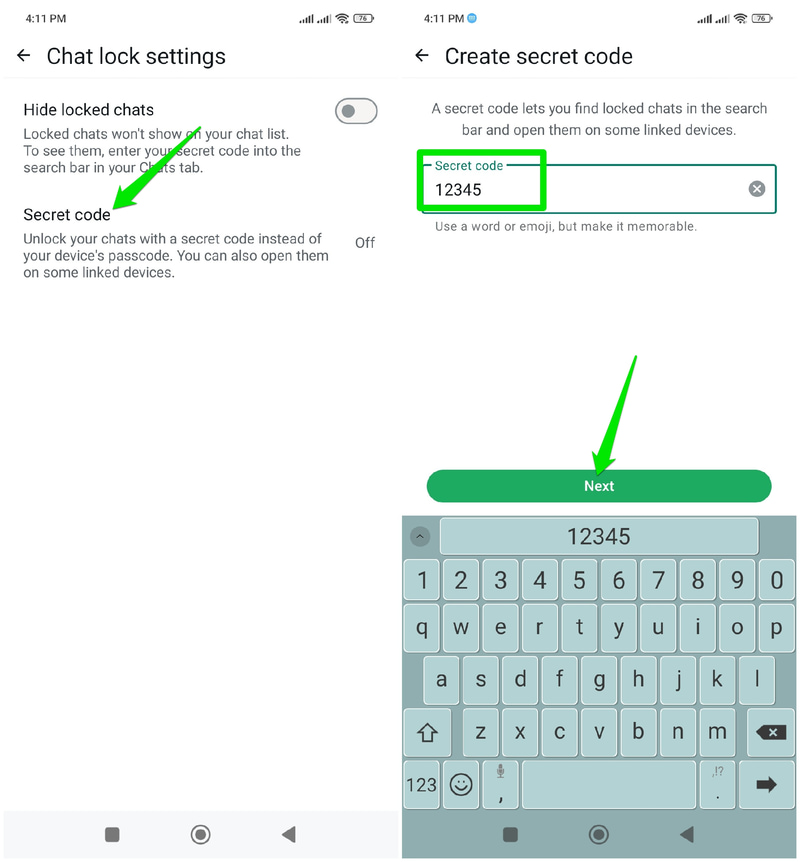 Creating secret code in WhatsApp