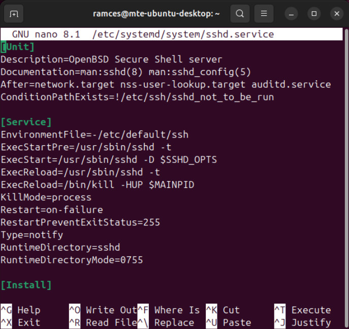 A terminal showing the service unit for OpenSSH.