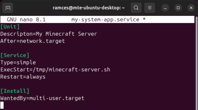 A terminal showing a simple Systemd unit file for a system-level service.
