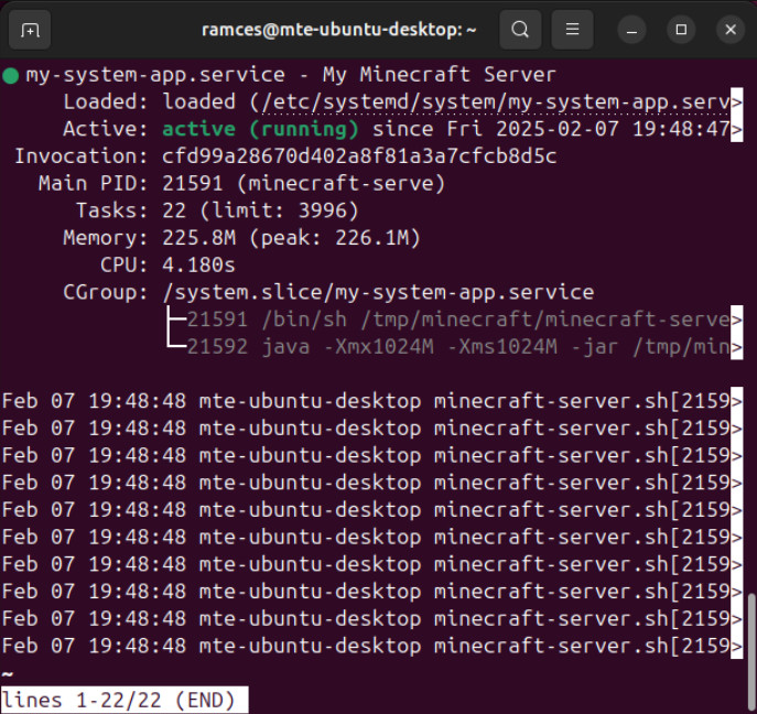 A terminal showing the custom service running properly.