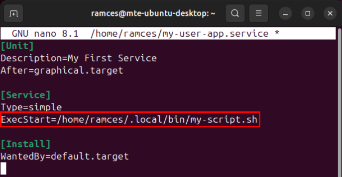 A terminal highlighting the user script with regular user access.
