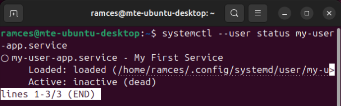 A terminal showing the custom user service recognized in systemctl.