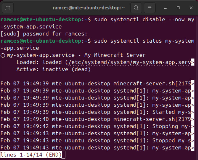 A terminal showing the details of a fully disabled service.
