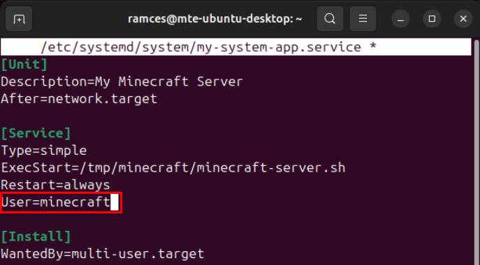 A terminal highlighting the User= value inside the custom service file.