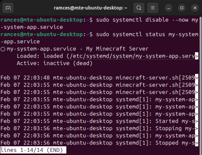 A terminal showing a disabled system service.