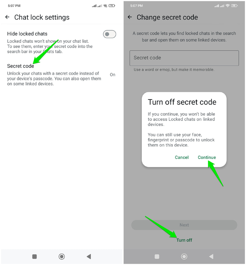 Prompt to disable secret code in WhatsApp
