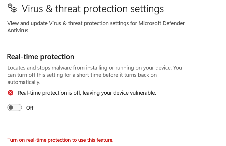 Windows real-time protection disabled