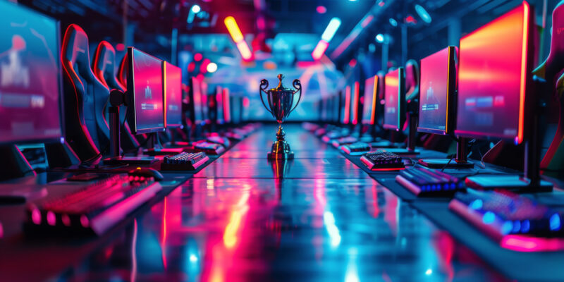 pc minitors around a trophy on a table