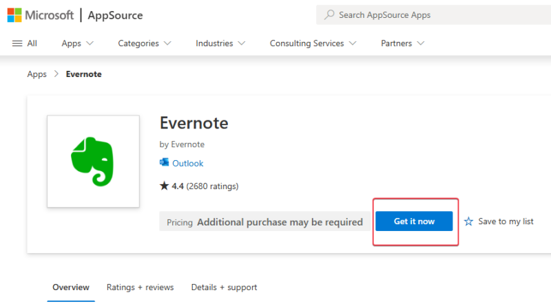 Getting Evernote for Outlook from the AppSource.
