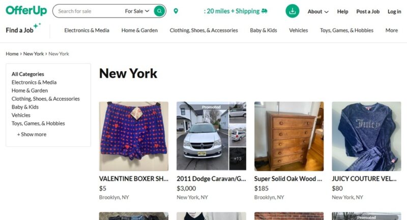 OfferUp's main page which looks like a Facebook Marketplace alternative.