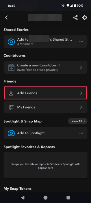 Selecting "Add Friends" in Snapchat app. 