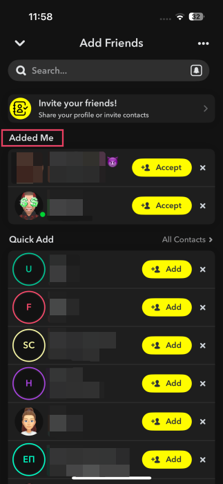 "Added Me" section visible in Snapchat app. 