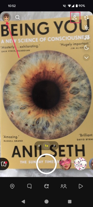 Tapping on avatar icon in Snapchat app. 