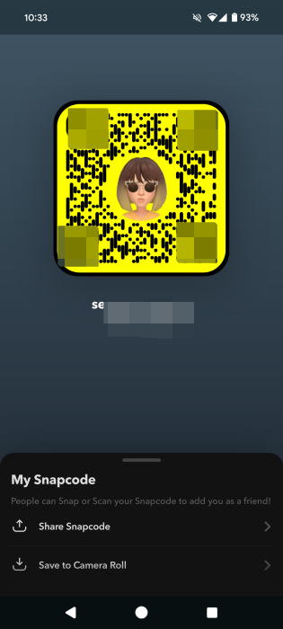 Viewing QR code in full in Snapchat app with sharing options. 