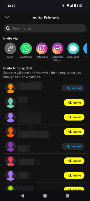 Adding contacts in bulk in Snapchat app. 