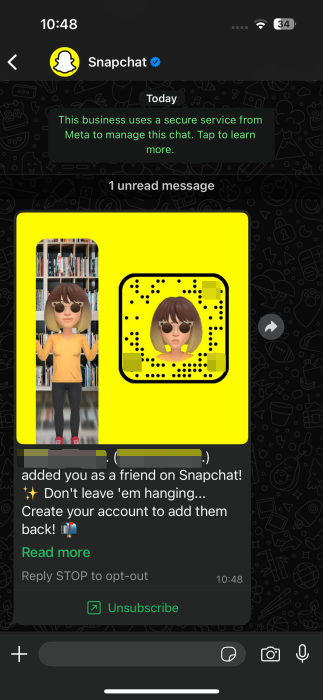Message sent to contact inviting them to join Snapchat. 