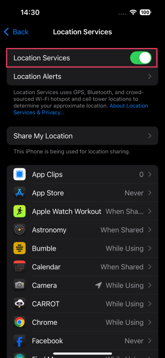 Turning on Location Services on iPhone. 