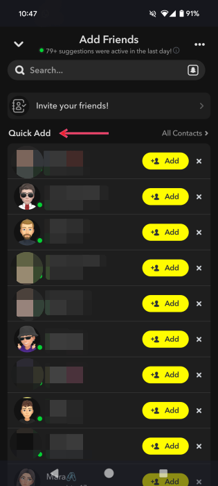 Pressing 'Add" button in Snapchat app in "Quick Add" section. 