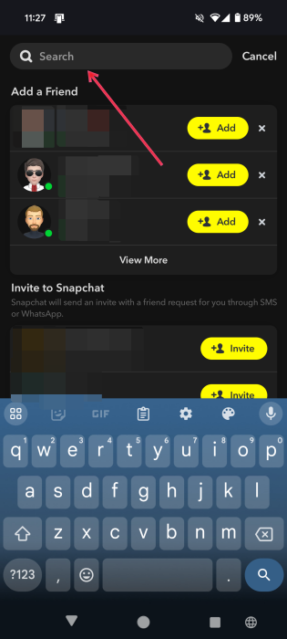 Search bar visible in Snapchat app. 