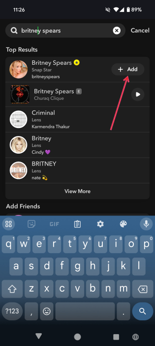 Adding person from Search in Snapchat. 