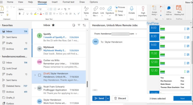 FindTime add-in in active use to schedule meeting.