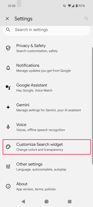 Selecting "Customize Search widget" in Google Discover Settings on Android. 