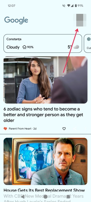Tapping on profile picture in Google Discover on Android.