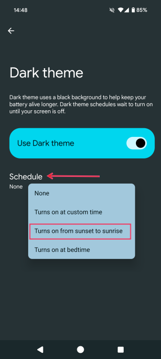 Scheduling dark mode in Google app on Android. 