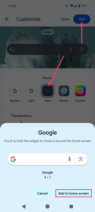 Adding dark Google search bar on Android phone. 