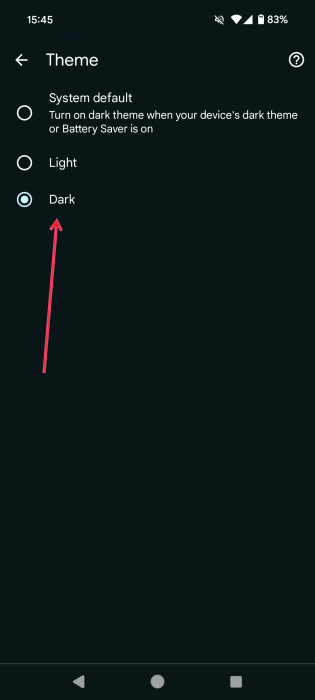Switching to Dark theme in Chrome app on Android. 