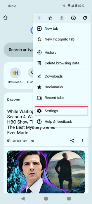 Tapping on Settings option in Chrome app on Android. 
