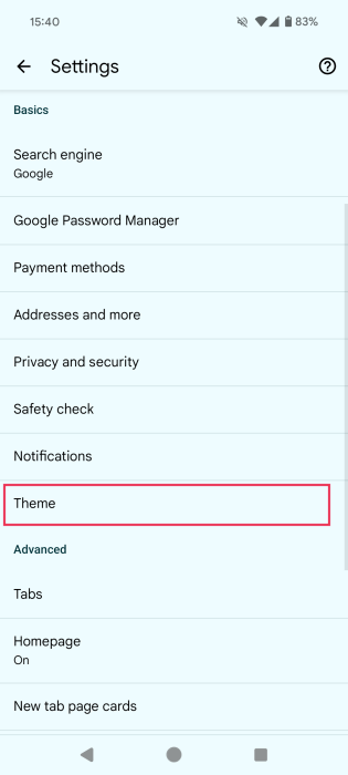 Selecting "Theme" option in Chrome app on Android. 