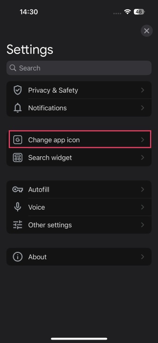 Tapping on "Change app icon" option in Google app Settings on iPhone. 
