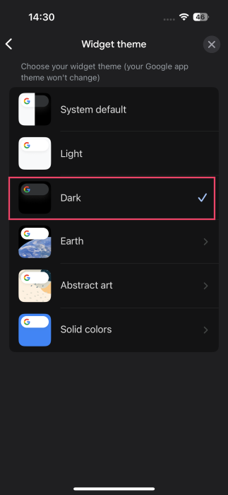 Opting for Dark widget theme for Google app on iPhone. 