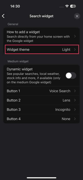 Selecting "Widget theme" in Search widget options in iPhone. 
